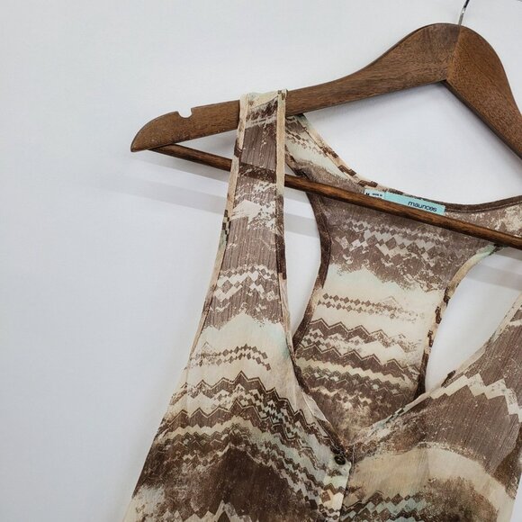 Maurices Brown Beige Zigzag Print Sheer Ruffle Hem Racerback Tank Top M Boho - Picture 8 of 14